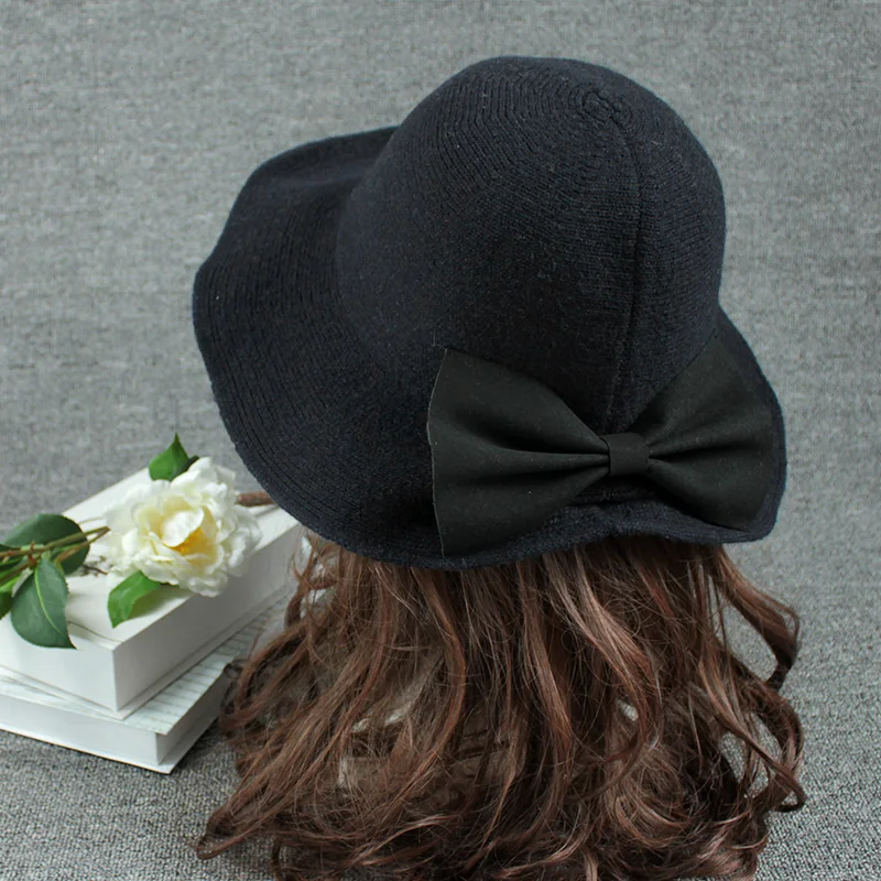 

Wide Brim Women Wool Hat New Autumn Winter Hat for Women Korea Style Ladies Knitted Hat High Quality Black Bow Bucket Hat