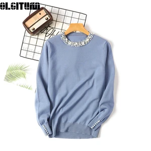 Женский пуловер с бусинами, свободный облегающий элегантный свитер с круглым вырезом и длинными рукавами в Корейском стиле, Осень-зима 2020