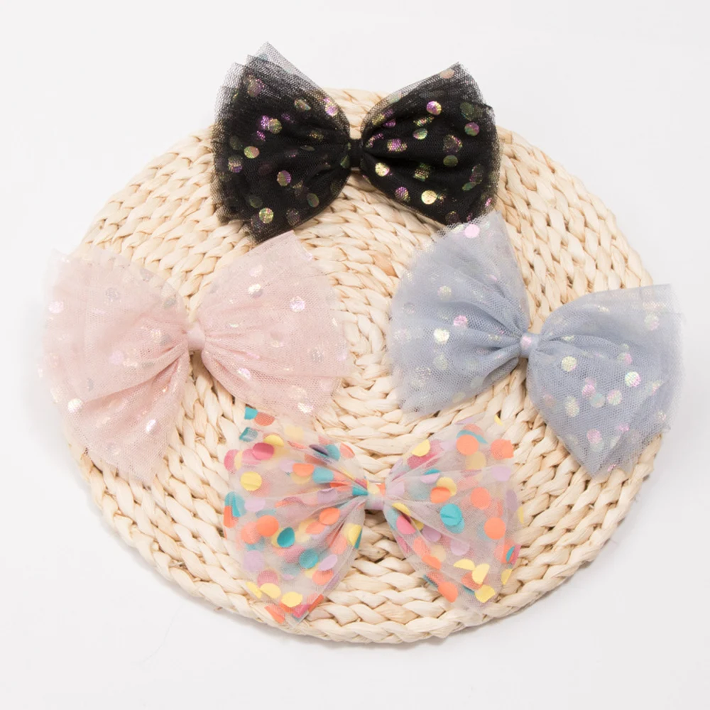 Lazos de hilo de punto de lentejuelas para ni&ntilde;as, horquillas de Organza hechas a mano con Clips, tocado de Boutique para ni&ntilde;os, accesorios para el cabello-2