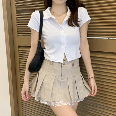 Pleated Mini Skirt Women Summer Short Lace Trim Skirts Female Preppy Style Khaki High Waist Skirt Girl School Uniform Miniskirt