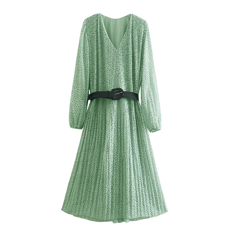 

DOUJILI 2021 Fashion Dress Long Sleeve V-Neck Wave Dots With Belt Fold Long Dress For Elegant Women