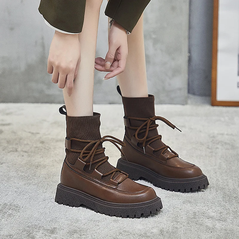 

Winter Martin Women's Boots High-Top New Products Socks Shoes Female Korean Style Street Fashion Casual Zapato Lace-Up Height