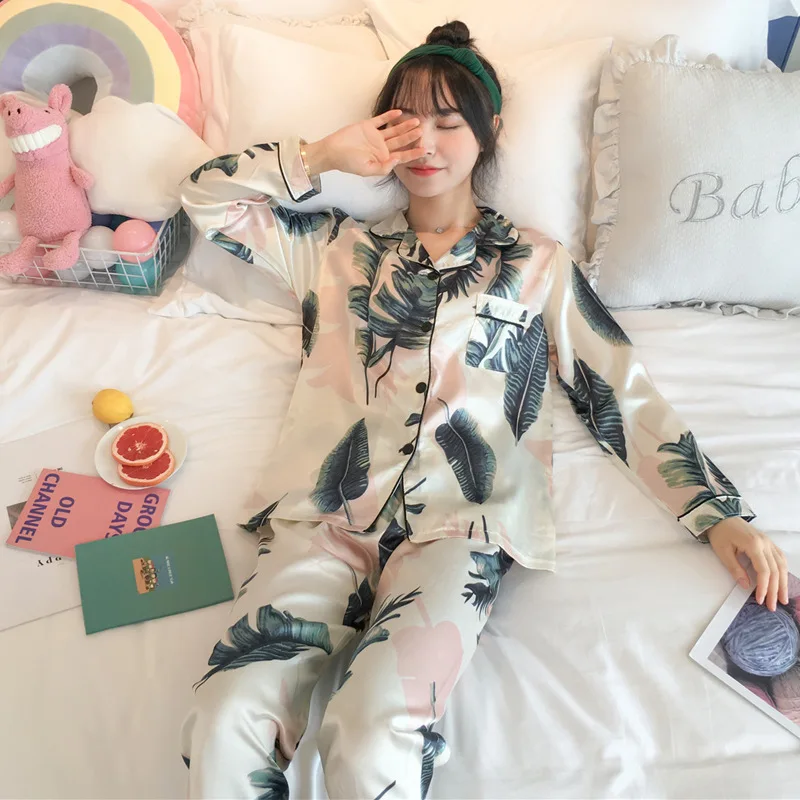 Женская пижама размера плюс LYun пижамный комплект на весну и осень шелковая