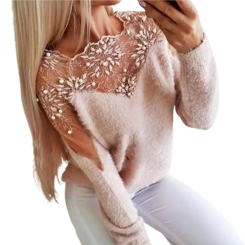 

Fluffy Crochet Lace Stitching Jacquard Sweater Jumper Ruffles Edge Neck Solid Color Women Sweater for Daily Wear