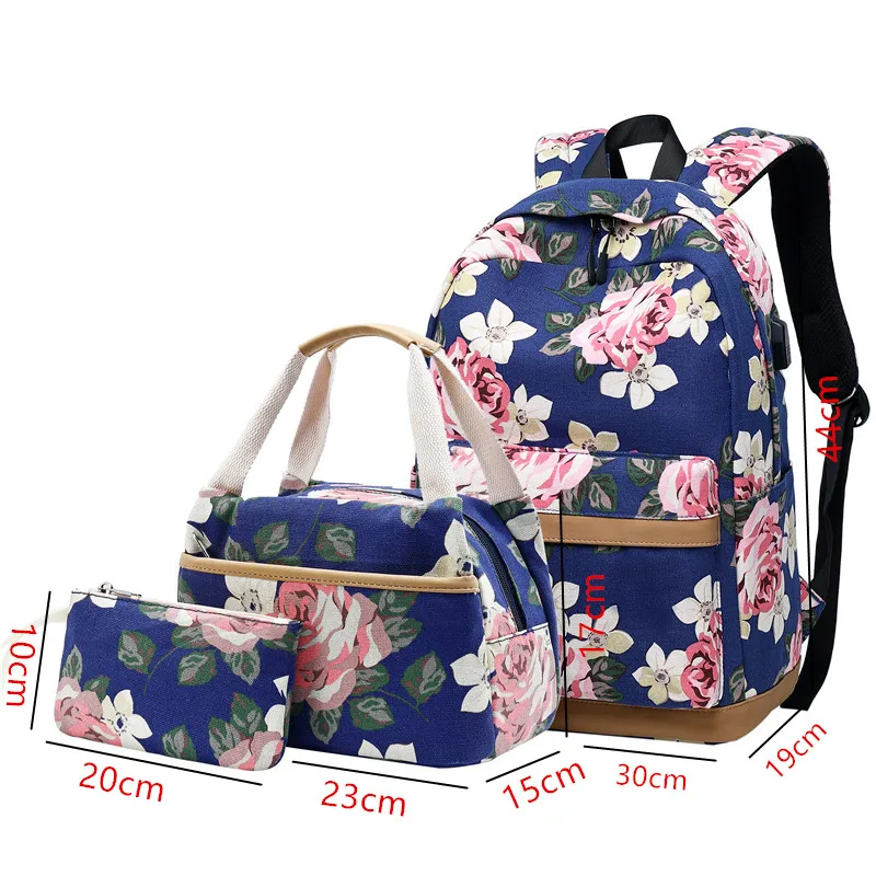 Ladies Canvas Backpack Floral Print 3pcs Set Outdoor Female Middle School Student Bag USB Computer Bag Meal Bag Pencil Bag 2021