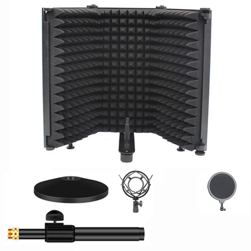 

Microphone Isolation Shield 3-Panel Wind Screen Filter Foldable Shock Absorber Blowout Cover Metal Disc Holder for Sing