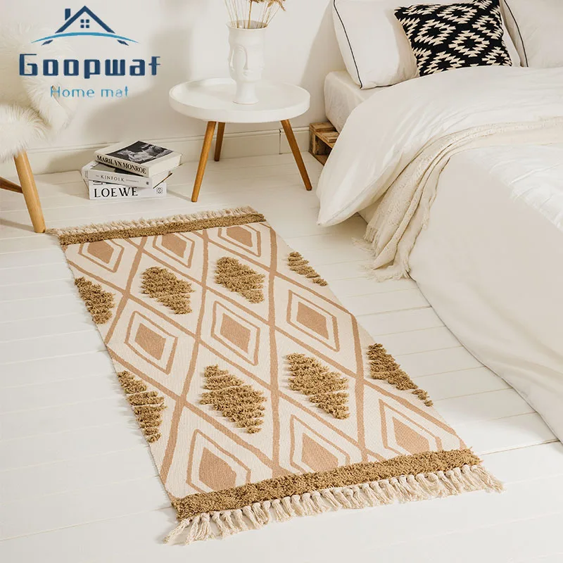 

В стиле ретро; В богемном стиле ручной работы ковер с бахромой из хлопка и льна прикроватный коврик Non-slip моющиеся Geometric коврик для Гостиная С...