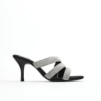 womens slippers 2021 summer new fashion black rhinestone high heels square toe open toe stiletto sandals