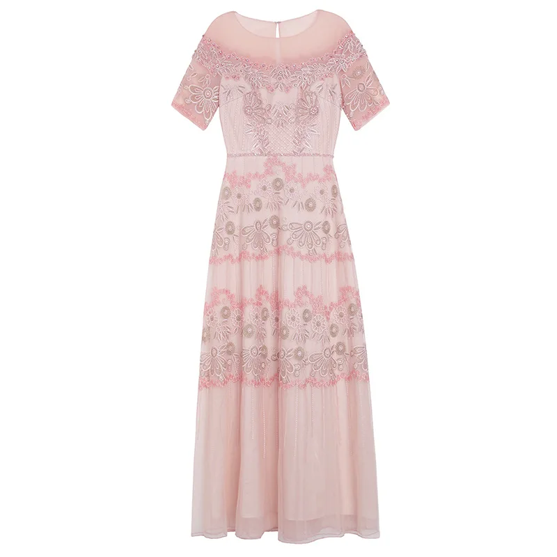 

Women Luxury Party Long Dress 2021 Summer Style Ladies Exquisite Embroidery Mesh Patchwork Beading Pink Apricot Long Maxi Dress