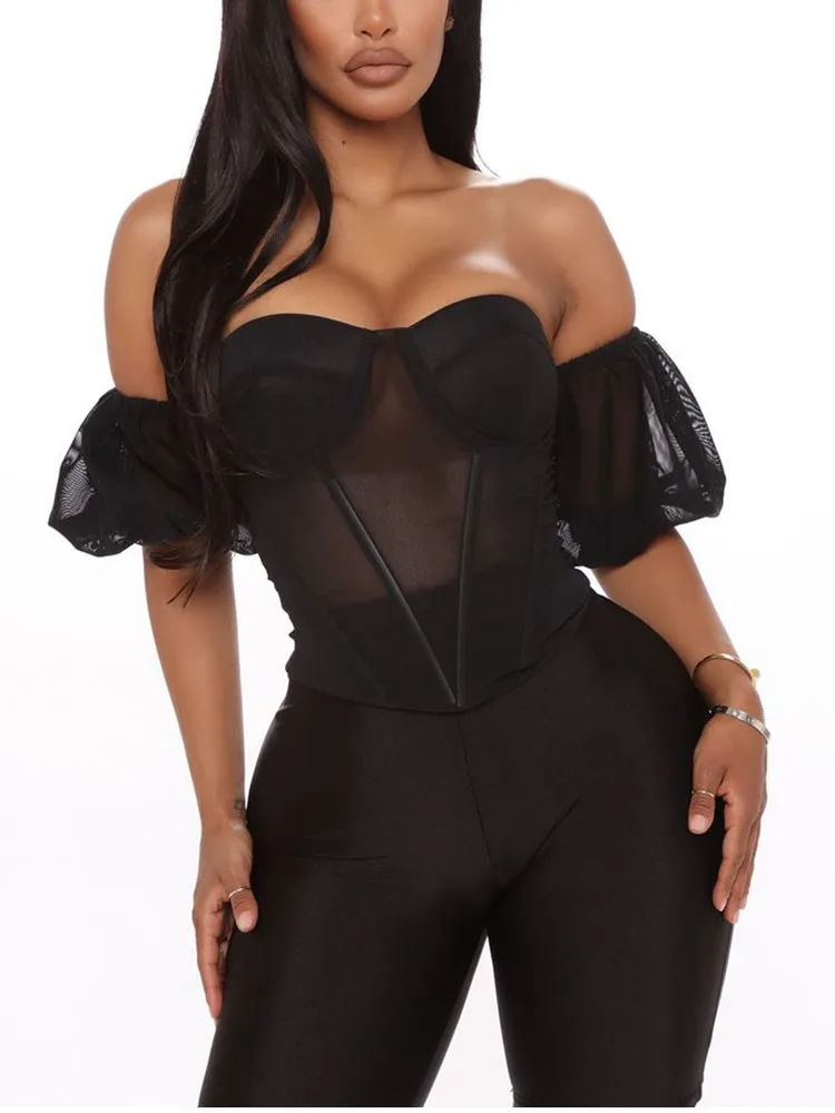Короткий сексуальный корсет с пышными рукавами Топ для женщин 2020 открытая спина