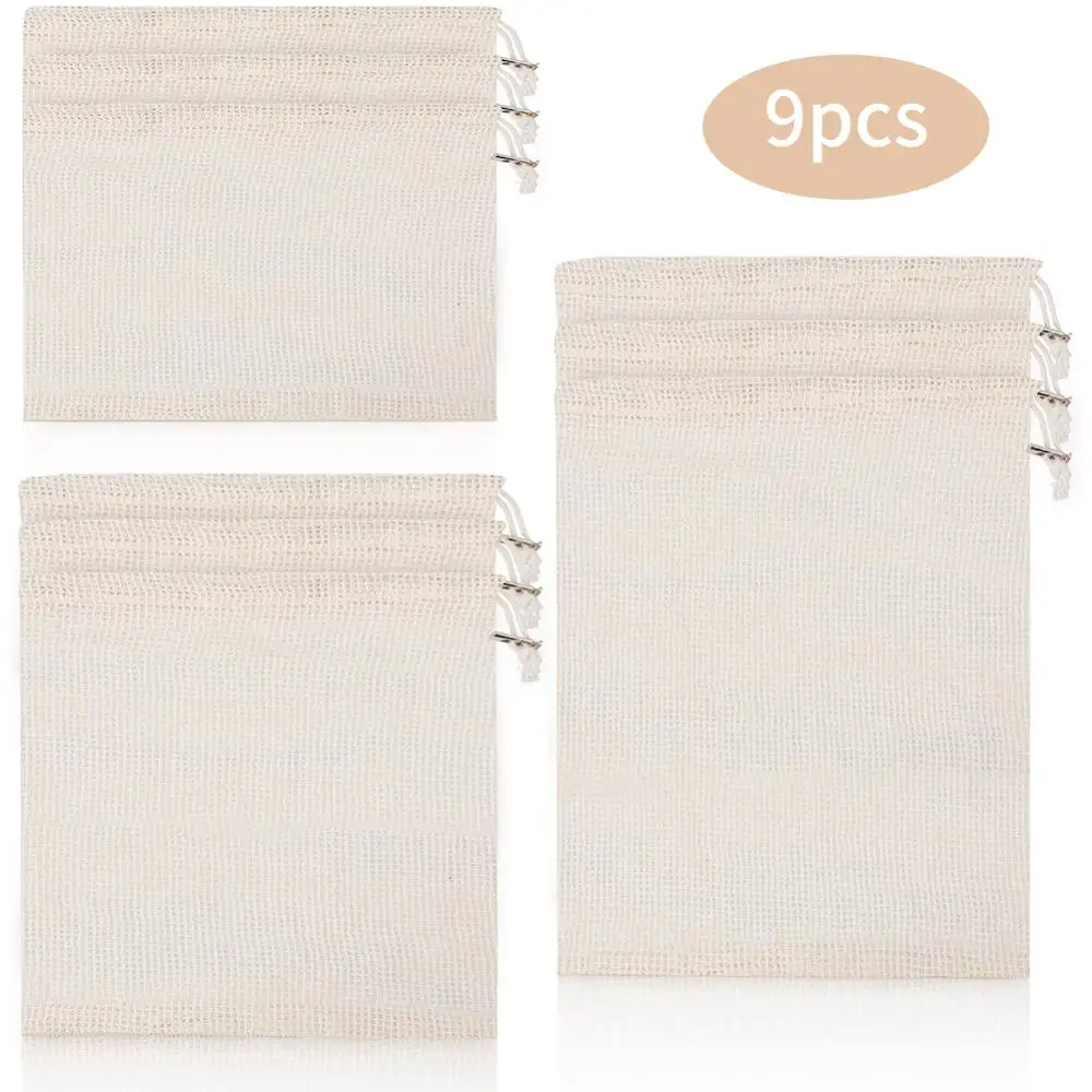 

9pcs/set Eco Friendly Organic Cotton Mesh Produce Bag Reusable Washable Storage Drawstring Bag For Shopping Kitchen Organizer