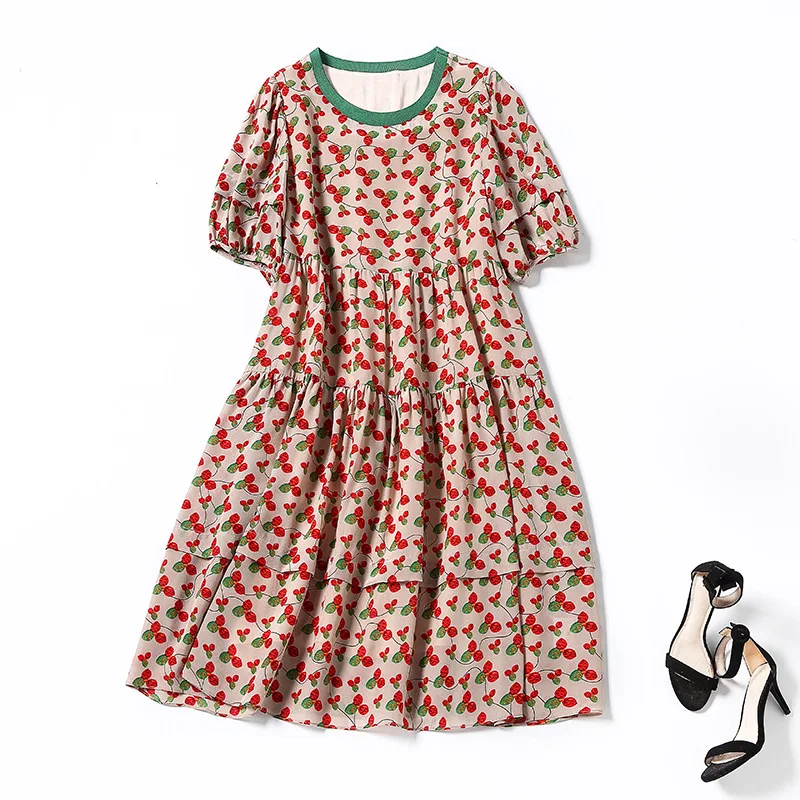 

73329 summer new women's wear color matching elegant clover floral print loose large silk dress fashion