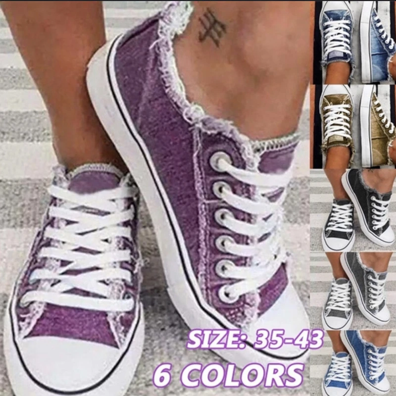 

Women Canvas Shoes New Fashion Lace Up Denim Fabric Ladies Casual Shoes Larged-Size 35-43 Running Female Spring Trendy Sneakers