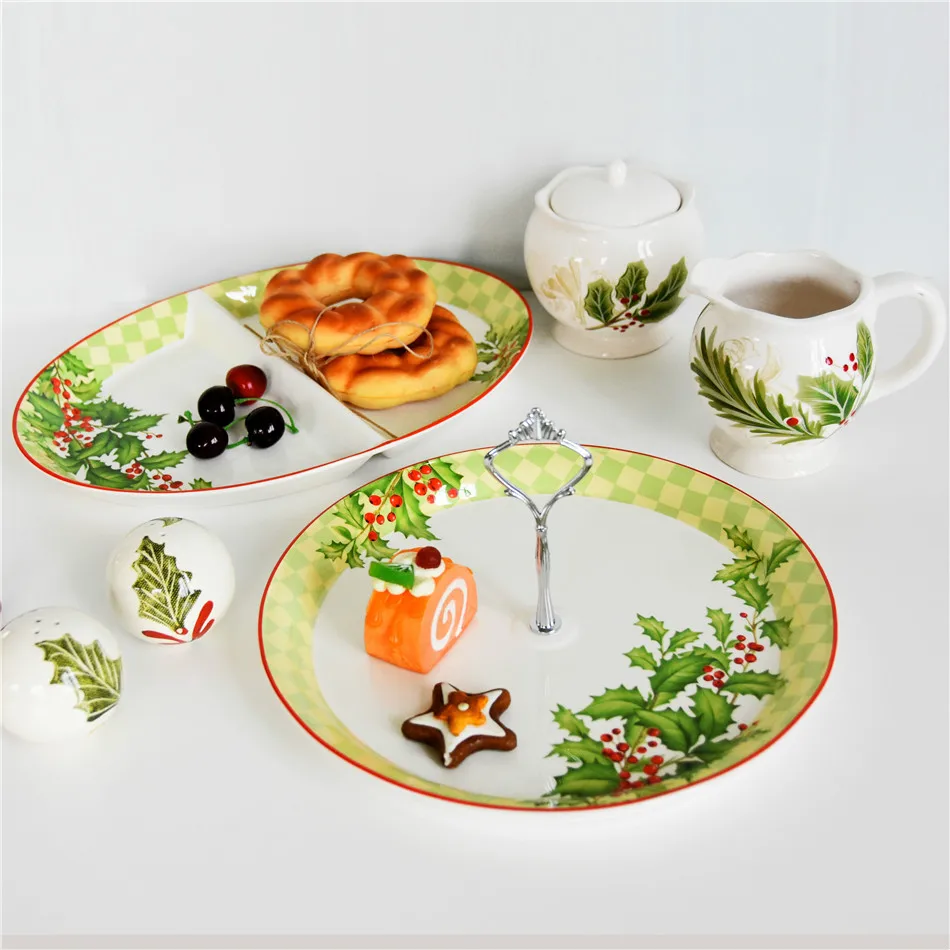 

Christmas Home Set Compartment Plate Sugar Milk Jar Salt Shaker Christmas Afternoon Tea Set Snack Plate