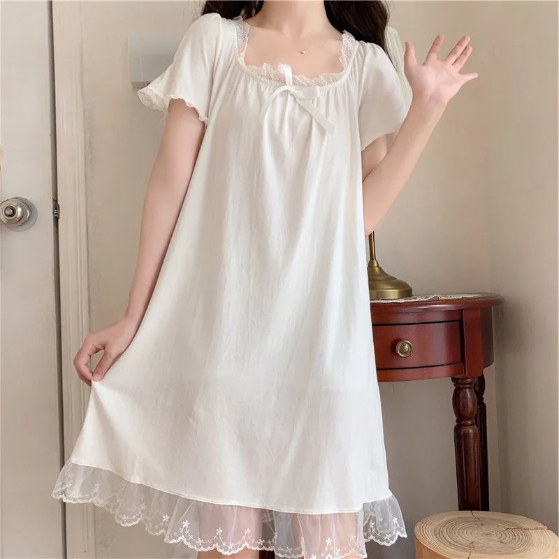 Short Sleeve Lace Nightgown Lady Short Skirt Nightdress Women's Summer Sweet Princess Loose Fresh Home Clothes Female Sleepwear