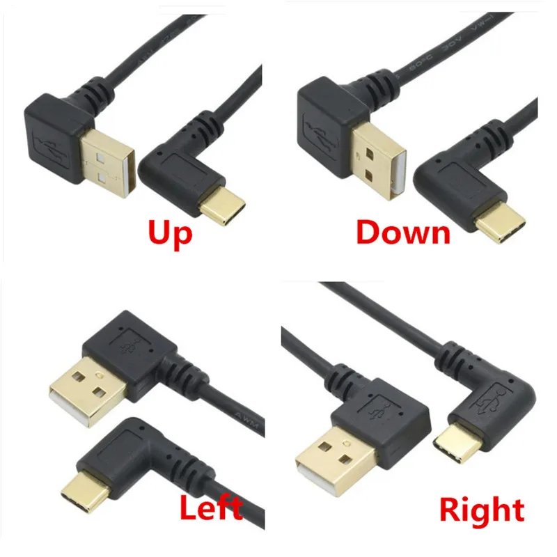 

USB 2.0 A Male 90 Degrees Up Down Left Right angled Elbow to USB 3.1 Type C Elbow male Converter Data Sync Charging Cable 25cm