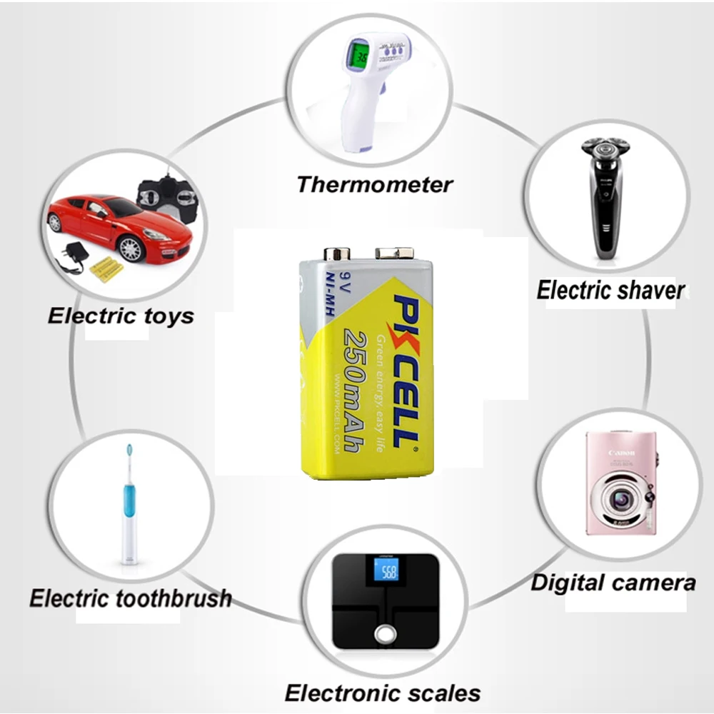 

Electronic thermometer 10Pcs PKCELL nimh battery 9v 250mah 6LR61 E22 MN1604 522 6f22 MN1604 Prismatic NIMH Rechargeable Battery
