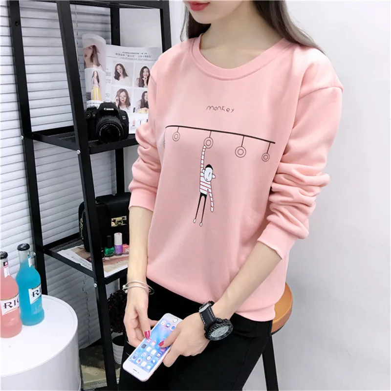 

2019 Autumn And Winter New Style Korean-style Monkey Cartoon Printed Loose-Fit Long-Sleeve Plus Velvet Thick Hoodie