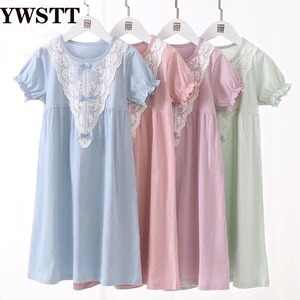 New Spring Summer Cotton Nightdress Girl Loose Dhort-sleeved Pajamas Cotton Dress Girls Home Service Sleeping Dress Lace