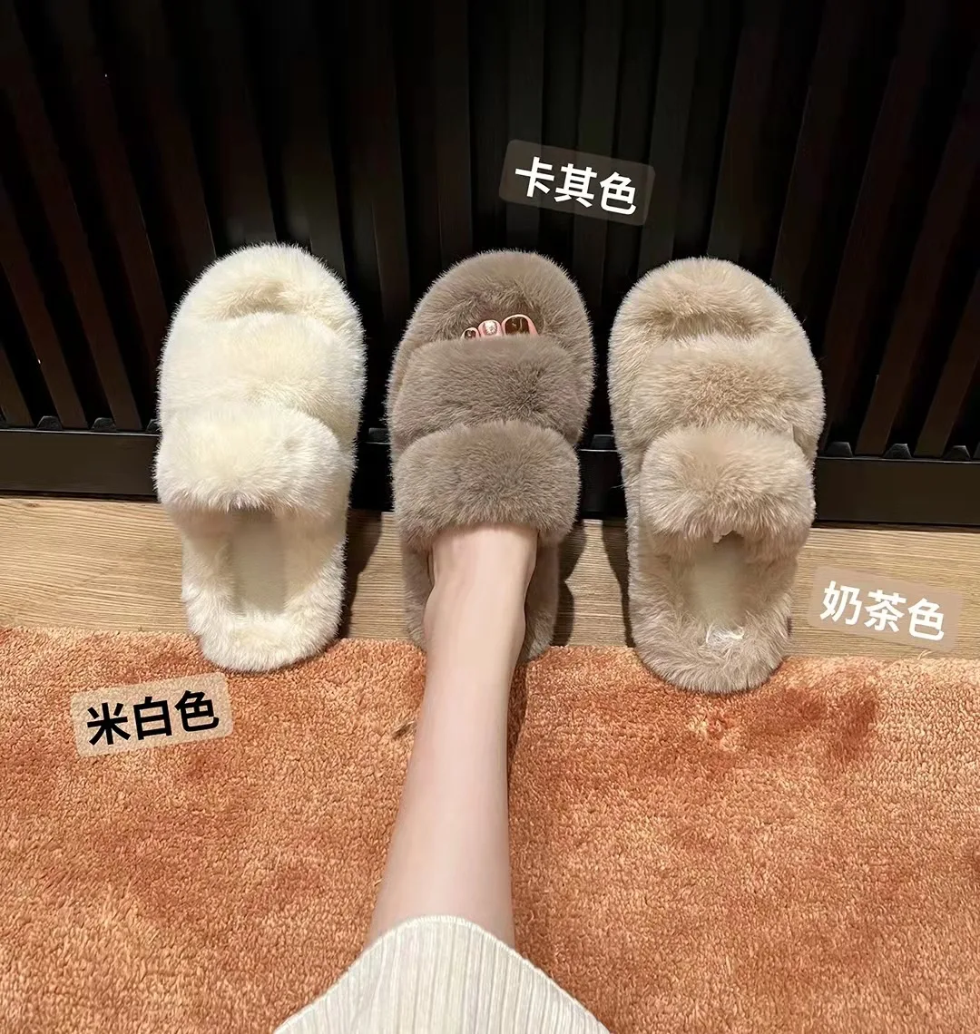 Winter Women House Slippers,Faux Fur Warm Flat Shoes,Female Slip on Home Furry Ladies Slippers Open Toe Fluffy And Anti-Skid