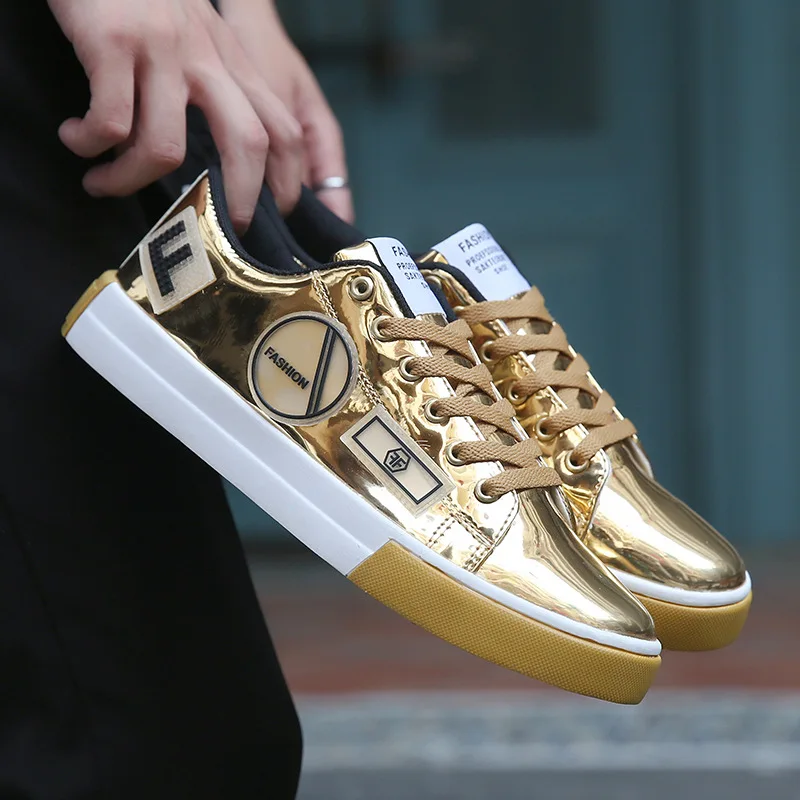 Мужская обувь в стиле хип-хоп Блестящие Серебристые кроссовки Черные кожаные