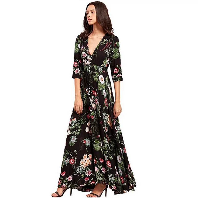 

AECU Summer Beach Maxi Dress V-neck Cotton Short Sleeve Holiday Casual Long Dress Floral Print Boho Split Party Dress Robe Femme