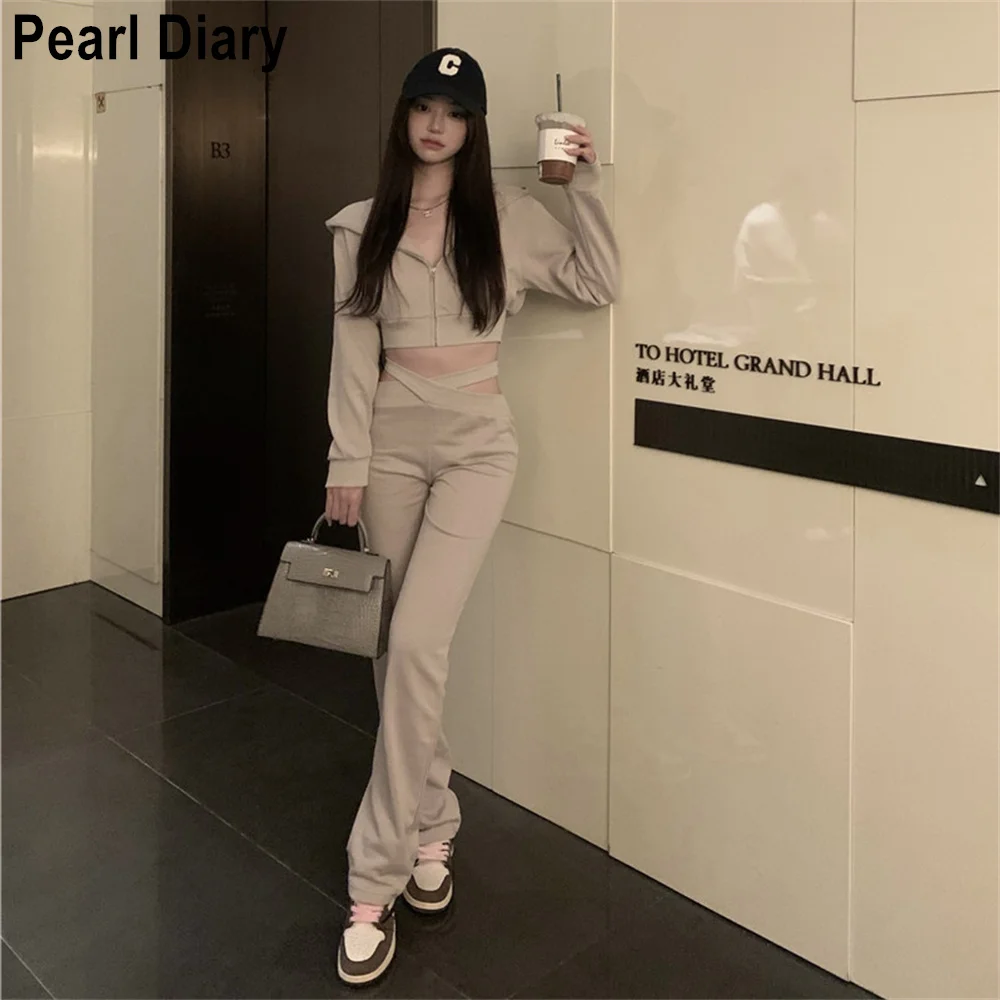 

Autumn Tracksuits Casual Two Piece Set Women Zipper Hooded Short Coat + High Waist Cross Hollow Out Pants 2 Piece Outfits