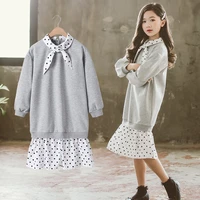 fashion spring girls sweatshirt dress 10 to 12 years 2020 cotton white dot patchwork clothes teenage long sleeve dresses elegant