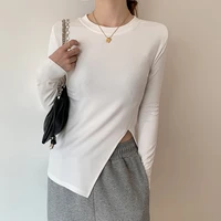 women long sleeve o neck korean fashion gray elasticity knitted t shirt casual basic woman tops split tee shirt femme autumn