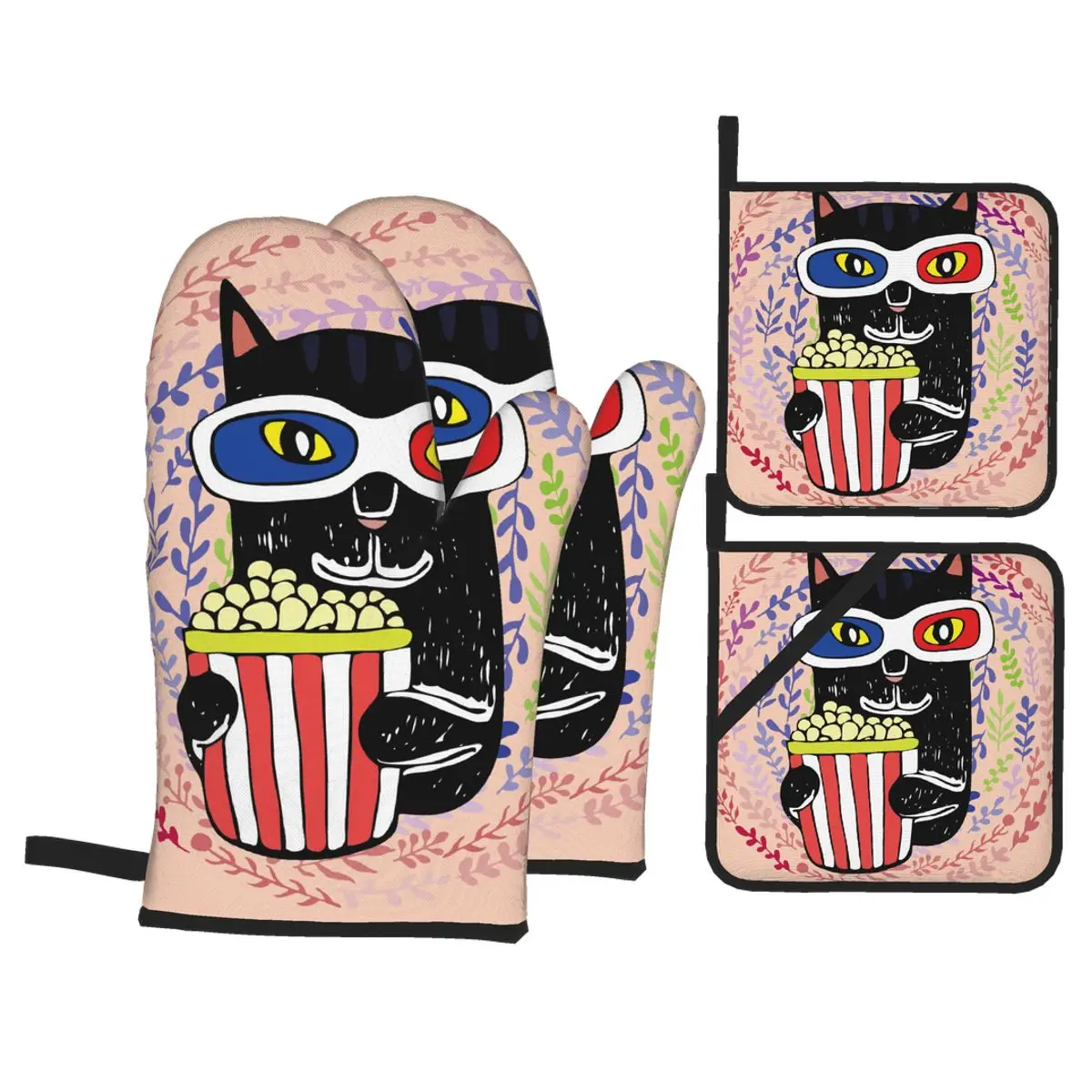 

4 шт. Кухня перчатки изоляционная Подушка кошка наслаждаться просмотром фильмов с попкорном Пособия по кулинарии микроволновая печь перчат...