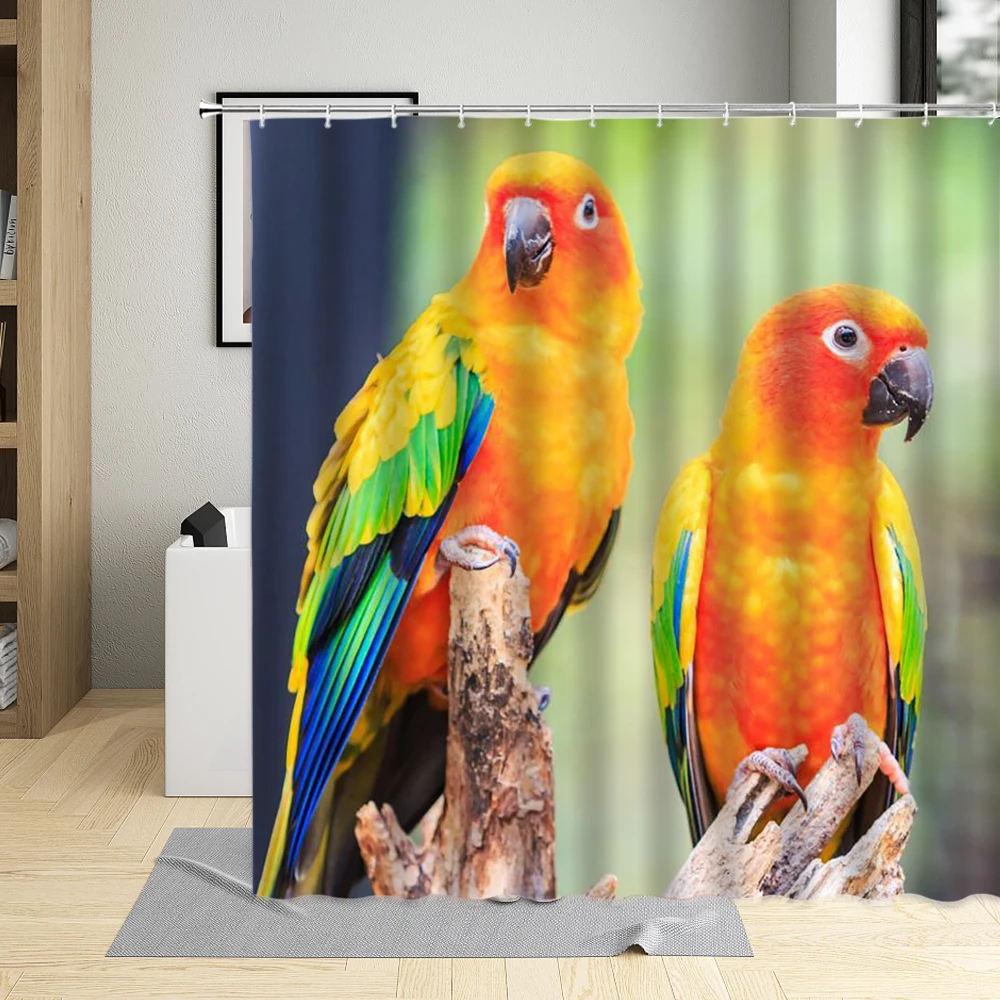 

Tropical Forest Cute Parrot Shower Curtain Rainforest Couple Animal Bathtub Decor Waterproof Fabric Hanging Curtains With Hooks