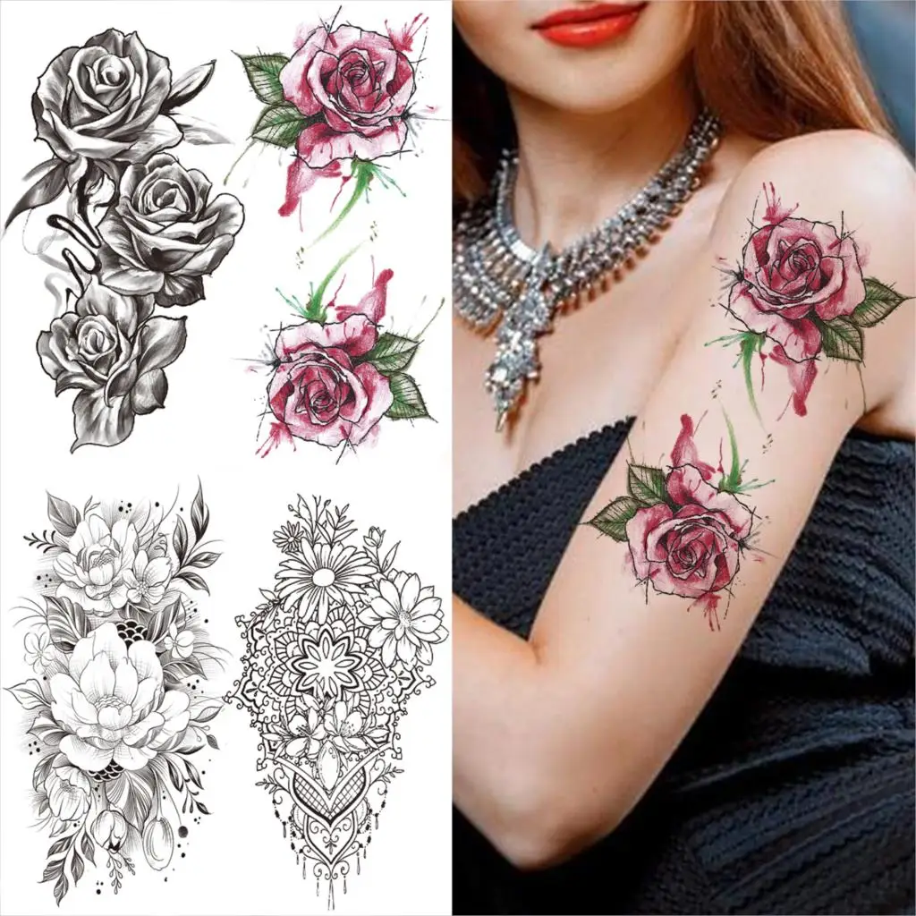 Временные татуировки акварельные розы для женщин и мужчин Реалистичная Подвеска