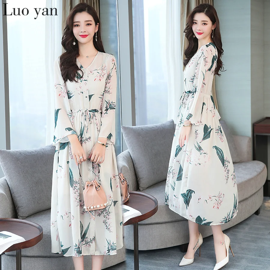 2020 корейское винтажное платье размера плюс Бохо миди летнее Новое шифоновое