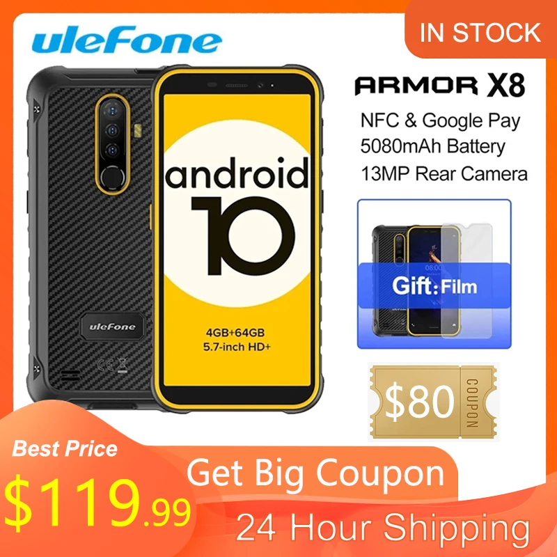 

Ulefone Armor X8 NFC 4GB 64GB 5080mAh Battery Smartphone Android10 5.7-inch Cell Phone ip68 Octa-core 4G LTE Mobile Phone
