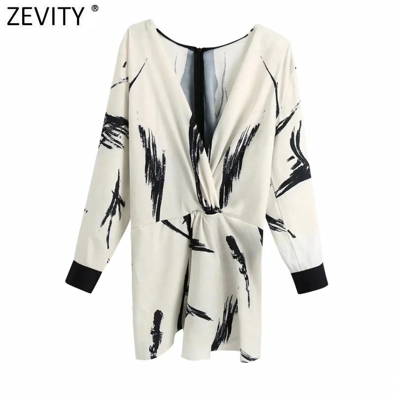 

Женская винтажная блузка Zevity с V-образным вырезом и чернильным принтом, Повседневная Блузка с узлом, офисное женское кимоно в стиле пэчворк, ...