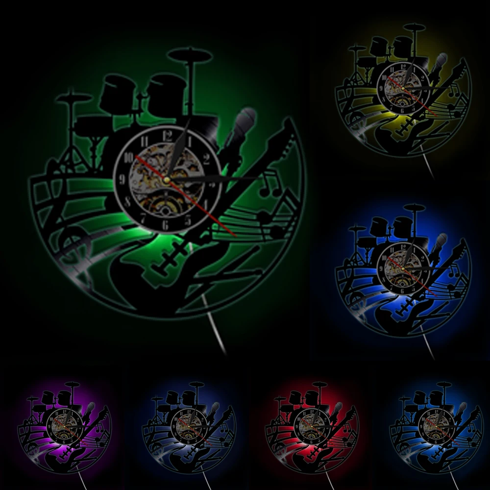 Гитары и барабан Наборы настенные часы гитары плеер Виниловая пластинка рок