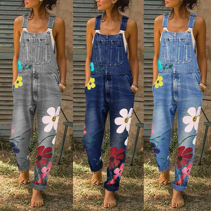 

FNOCE Cross-border Foreign Trade Printed Bib Pants Plus Size Color Fashion Suspenders Stretch Denim Women's trousers