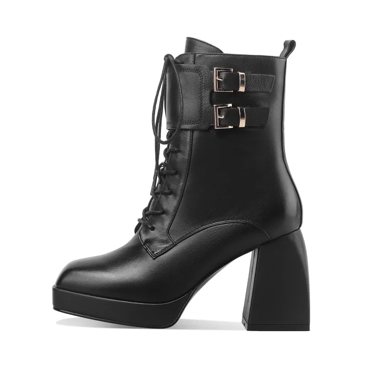 

MLJUESE 2021 women Ankle boots Cow leather Winter short plush Square Toe Buckle Strap Platform High heels female boots size 39