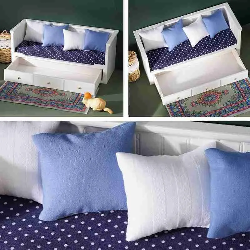 

European-style Storage Backrest Sofa With 4 Pillows 1:12 Mini Doll House Decoration Living Room Furniture Children's Play Toys