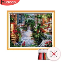 huacan cross stitch house scenery kit needlework embroidery venice landscape sets white canvas diy gift home decor 11ct 14ct