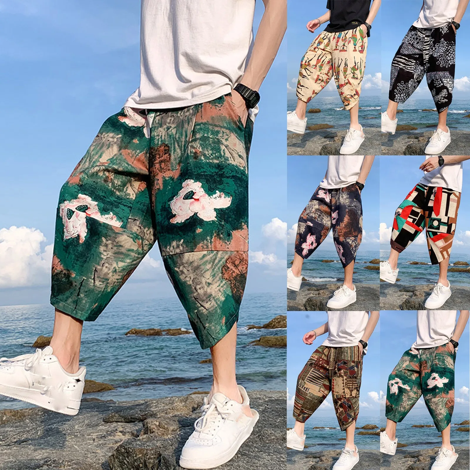 

Loose Home Pants Men's plus size hip-hop bloomers beach shorts loose harem pants 2021 Male Cotton linen printed cropped pants