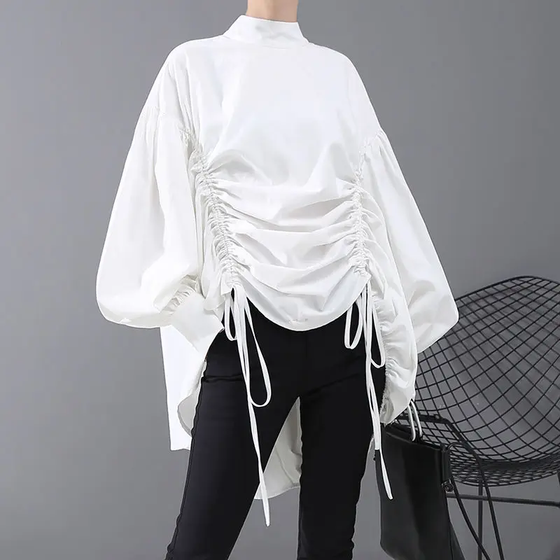 

VANOVICH 2022 Autumn New Korean Style Oversized Pullover Lantern Sleeve Turtleneck Fashion Shirring Irregular Casual Shirts