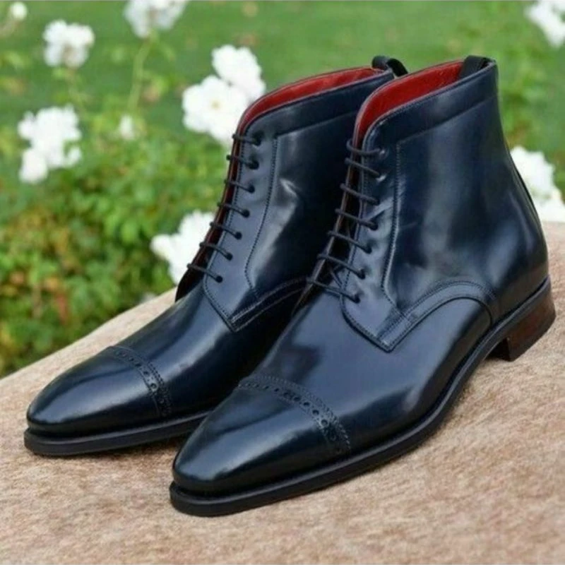 

New Men's Black PU Leather Ankle Lace Up Men's High Top Boots Simple Classic Business Dress Boots Work Boots Versatile 5KE417
