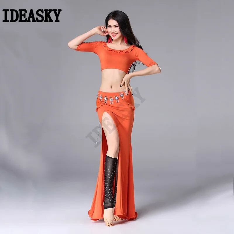Women Oriental Practice Wear Professional Performance Bellydance Belly Dance Costume Set Top Split Long Skirt Slim Clothes suit |