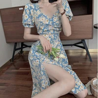 cottagecore floral print puff sleeve women blue dress high split party elegant casual lace up sweet summer vintage sexy dress