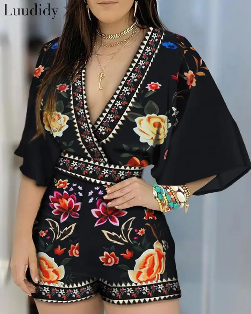 

Women Deep V Neck Hollow Out Back Regular Rompers Floral Print Half Sleeve Backless Playsuits
