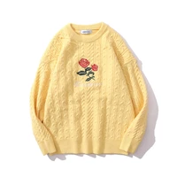 autumn winter mens harajuku sweaters embroidery rose floral pullovers knitted jumpers casual knitwear unisex clothing