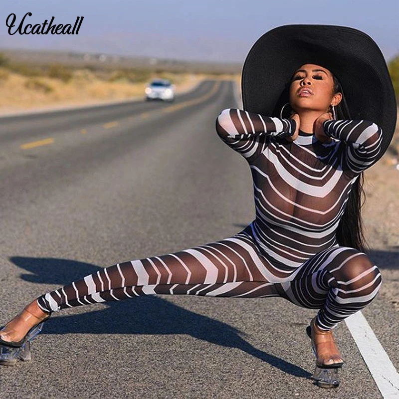 Клубная одежда сетчатый прозрачный комбинезон сексуальный женский в полоску на