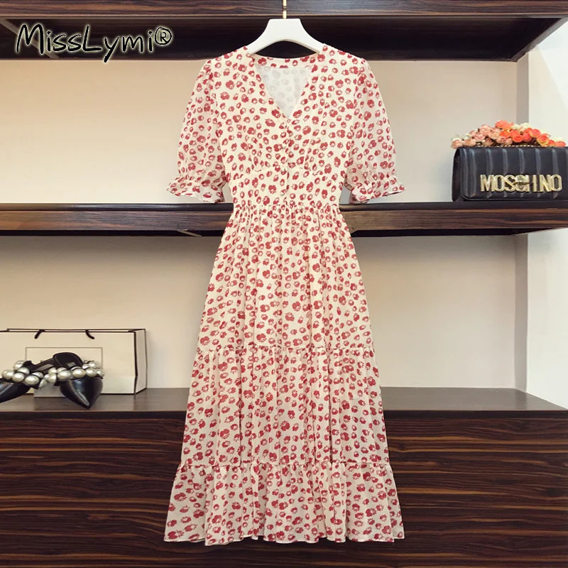 

4XL размера плюс женское элегантное красное шифоновое платье с цветочным узором, платье с открытой спиной, платье 2021 V-образный вырез с буффам...