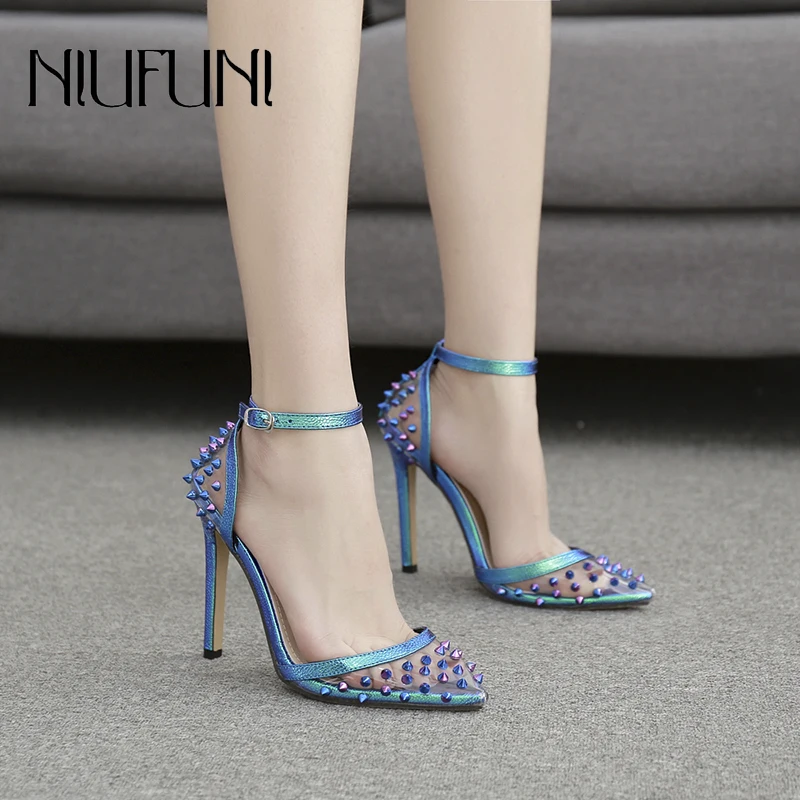 

NIUFUNI/летние прозрачные женские сандалии из пвх синего цвета с острым носком и заклепками; Туфли-лодочки на высоком каблуке-шпильке; Женская ...